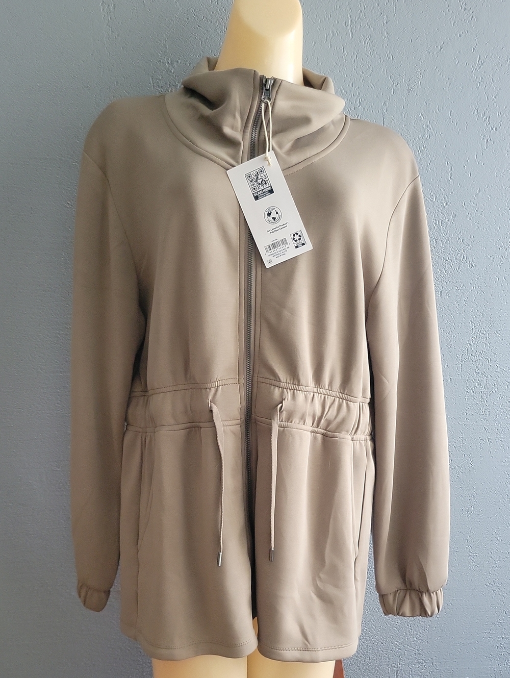 Taupe Hooded Zip-Front Bomber Jacket with Drawcord Waist